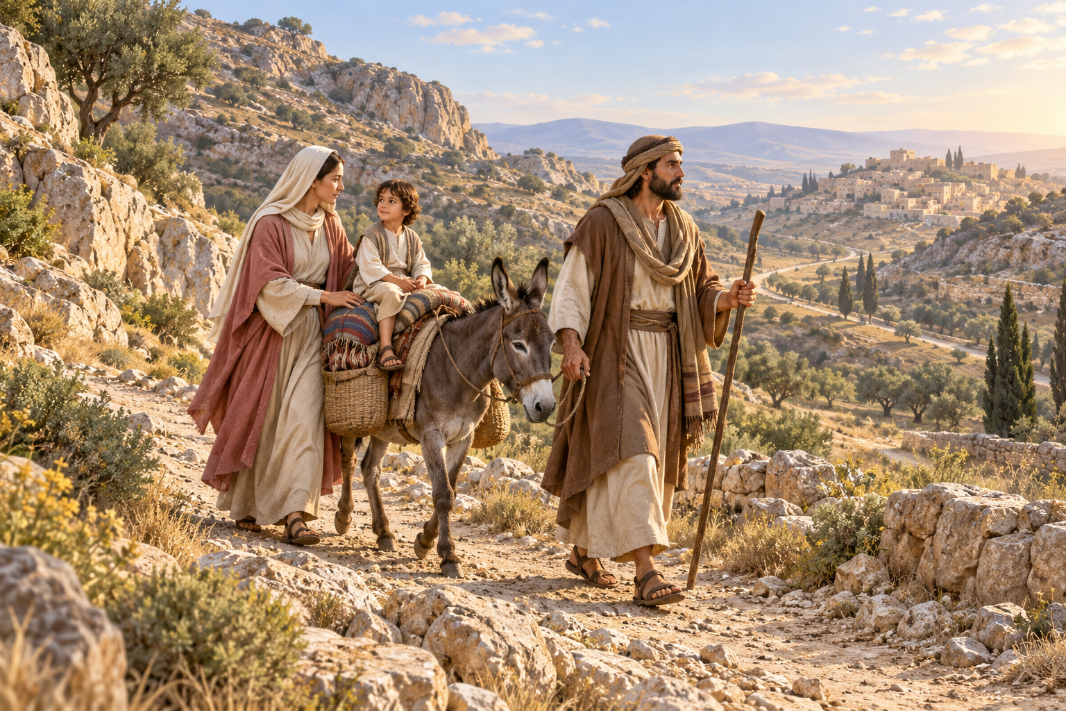 Mary, Joseph, and young Jesus travel with a donkey through a rocky Judean landscape