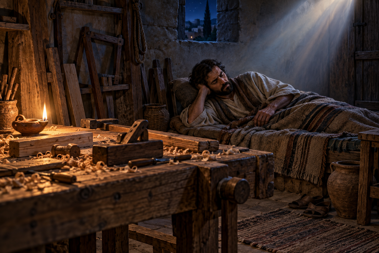 Joseph rests beside his woodworking tools as light enters his first-century workshop