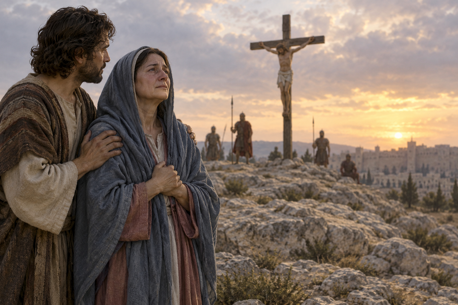 Mary and a disciple stand on Golgotha while Jesus hangs on a cross in the distance