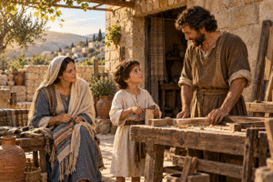 Mary and young Jesus sit beside Joseph at a woodworking table in a Nazareth courtyard