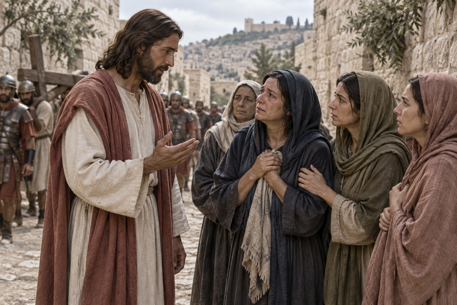 Jesus speaks gently to grieving women on a stone road outside Jerusalem