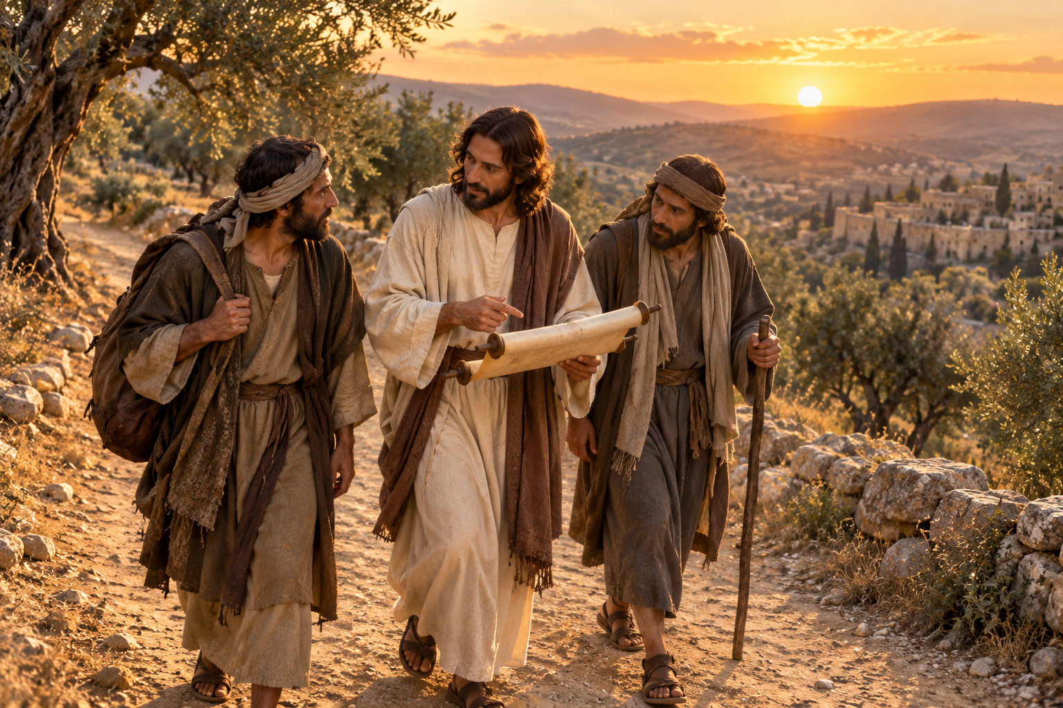 The risen Jesus walks with two disciples as one of them holds an open scroll on a village road