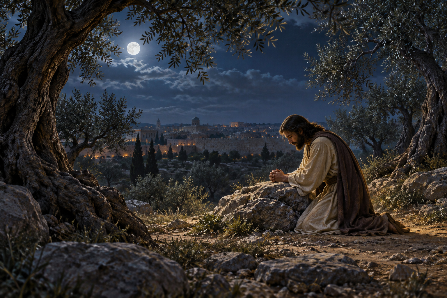 Jesus kneels in prayer among olive trees at night while Jerusalem appears in the distance