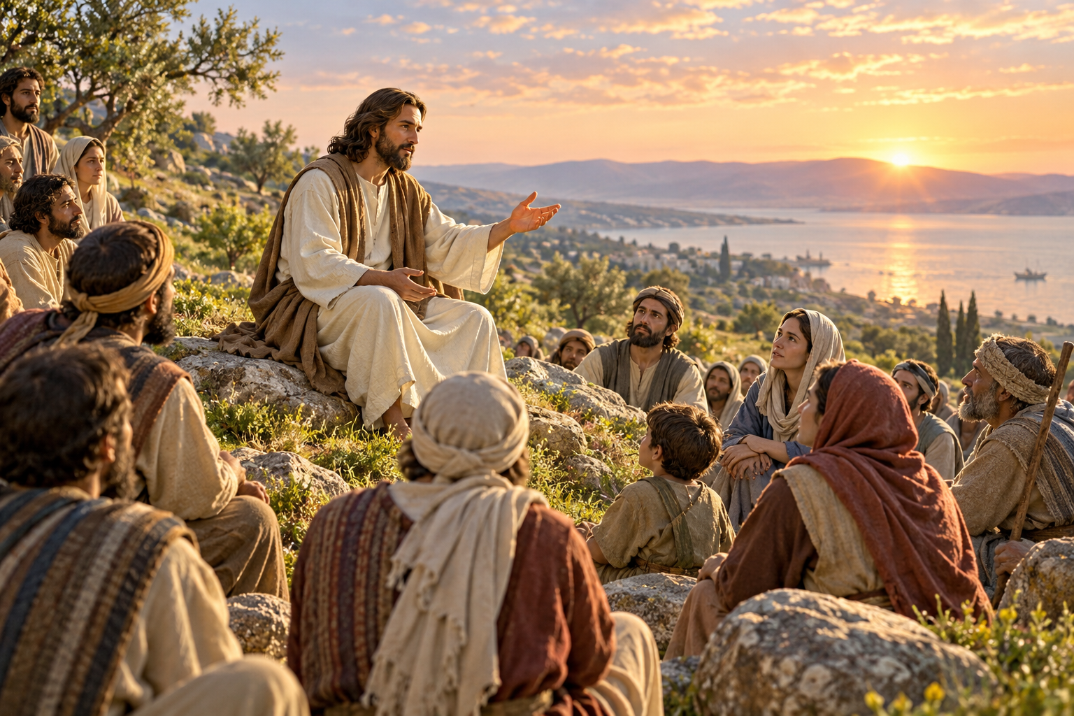 Jesus teaches a gathered crowd on a Galilean hillside at sunrise