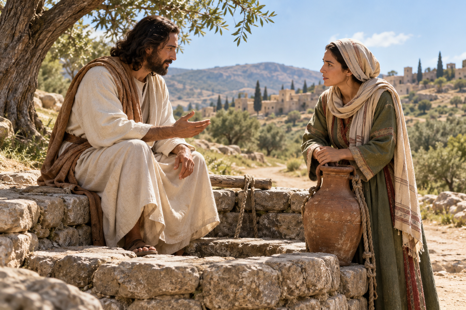 Jesus speaks with the Samaritan woman beside a stone well and her clay water jar