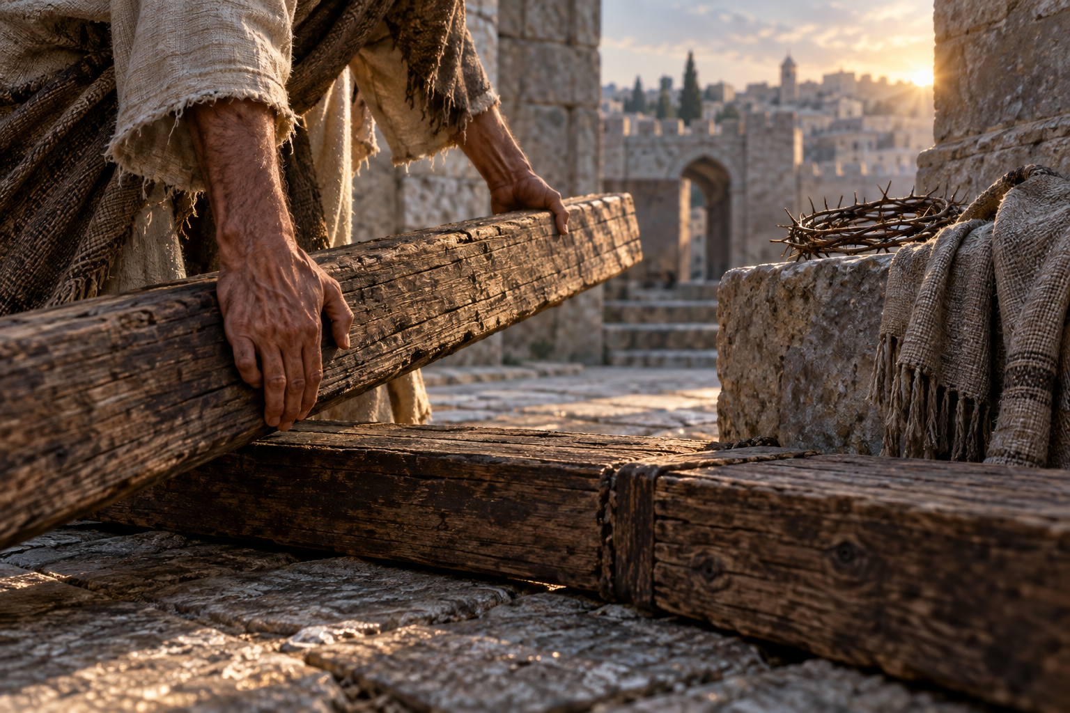 Hands lift a rough wooden crossbeam in a stone courtyard beside a crown of thorns