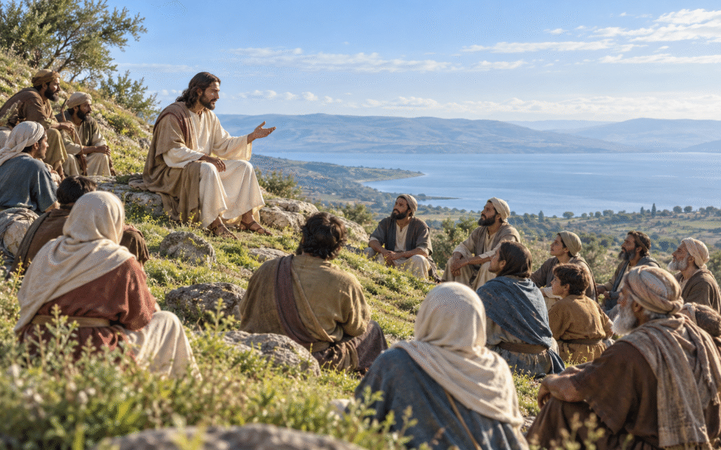Jesus teaches a seated crowd on a hillside beside the Sea of Galilee