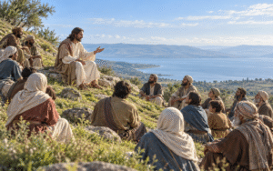 Jesus teaches a seated crowd on a hillside beside the Sea of Galilee