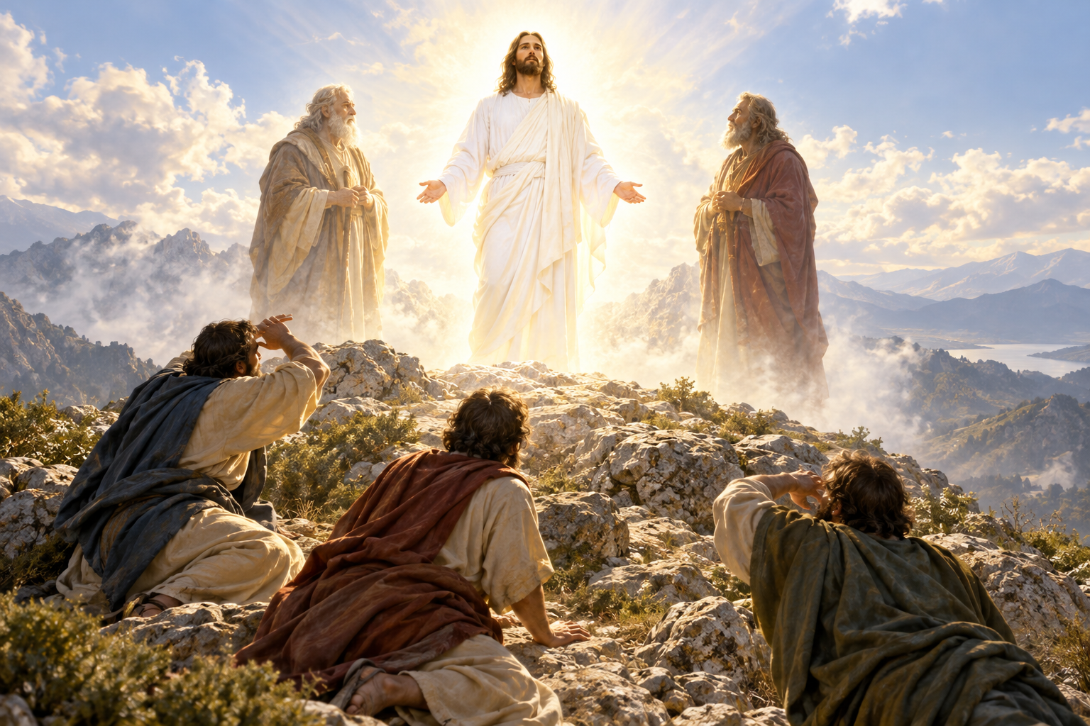 Jesus shines on a mountain while three disciples look up in wonder