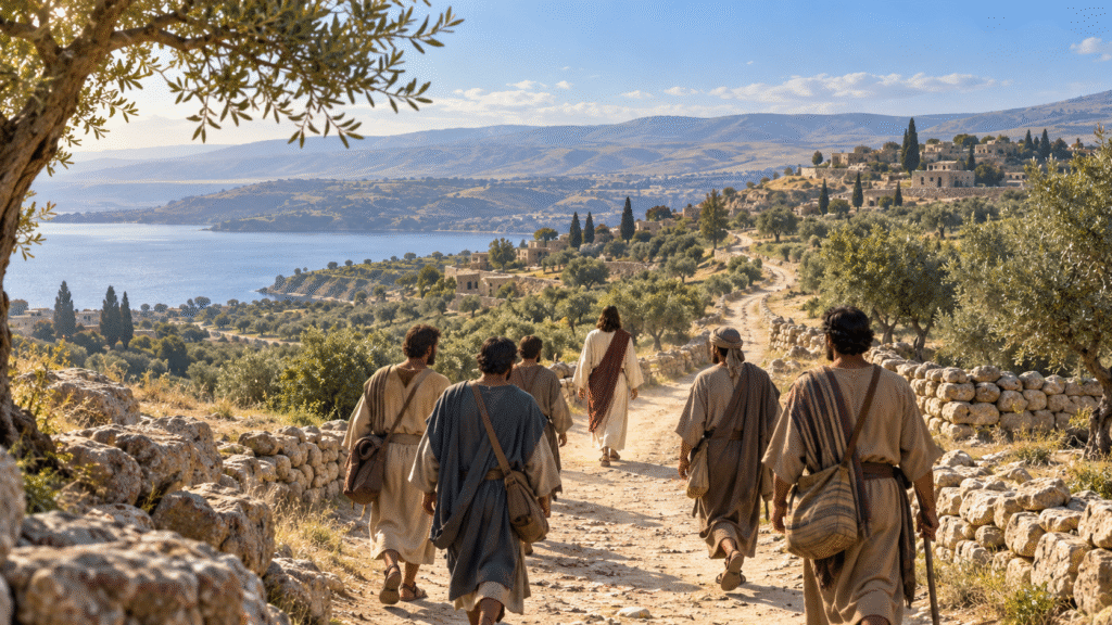Jesus walks ahead of His disciples along a stone road through the Galilean hills