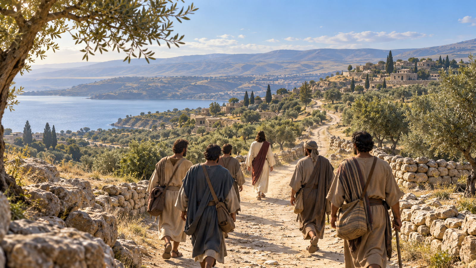 Jesus walks ahead of His disciples along a stone road through the Galilean hills