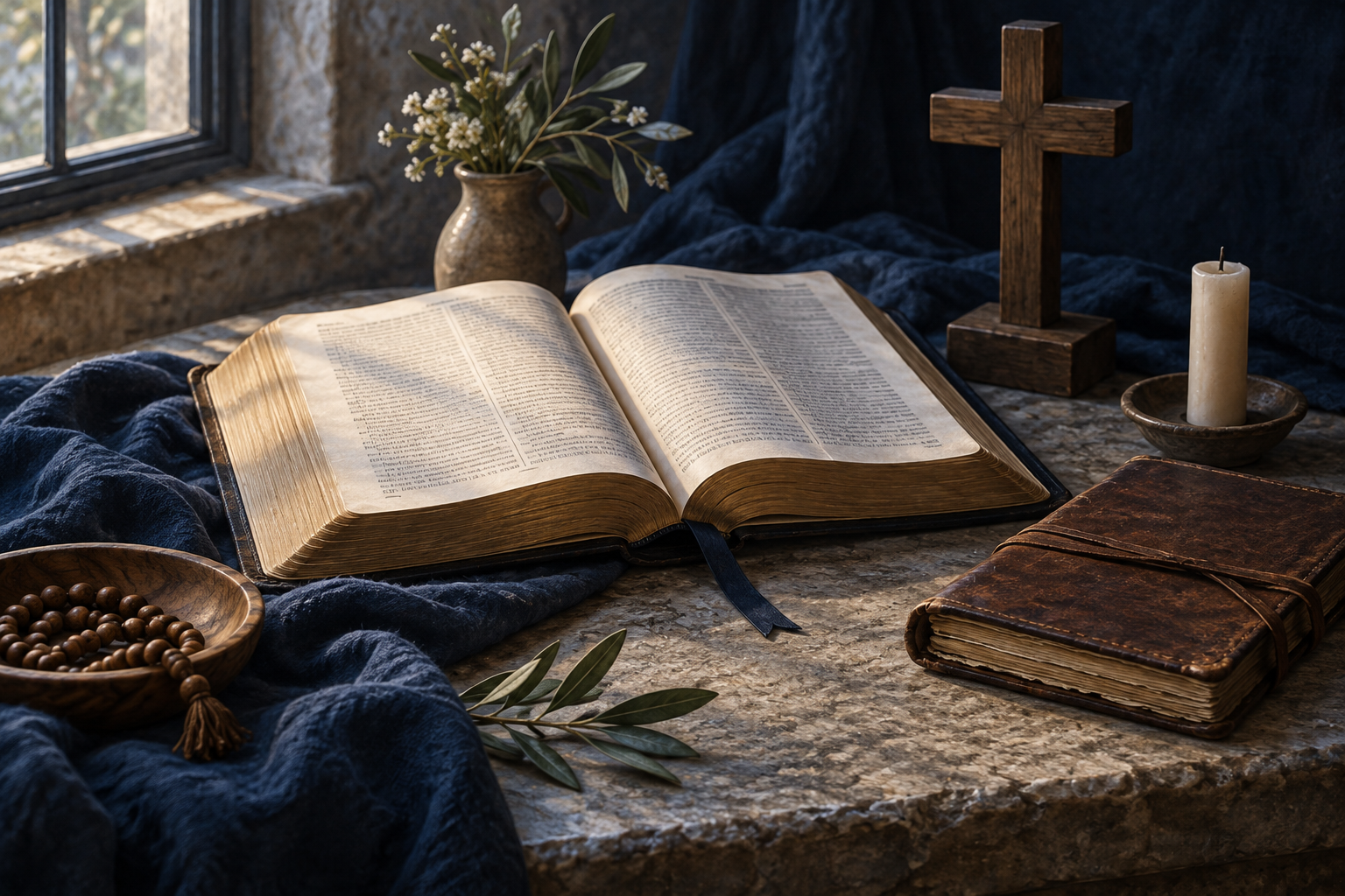 An open Bible and a closed devotional journal rest beside a wooden cross on a quiet study table