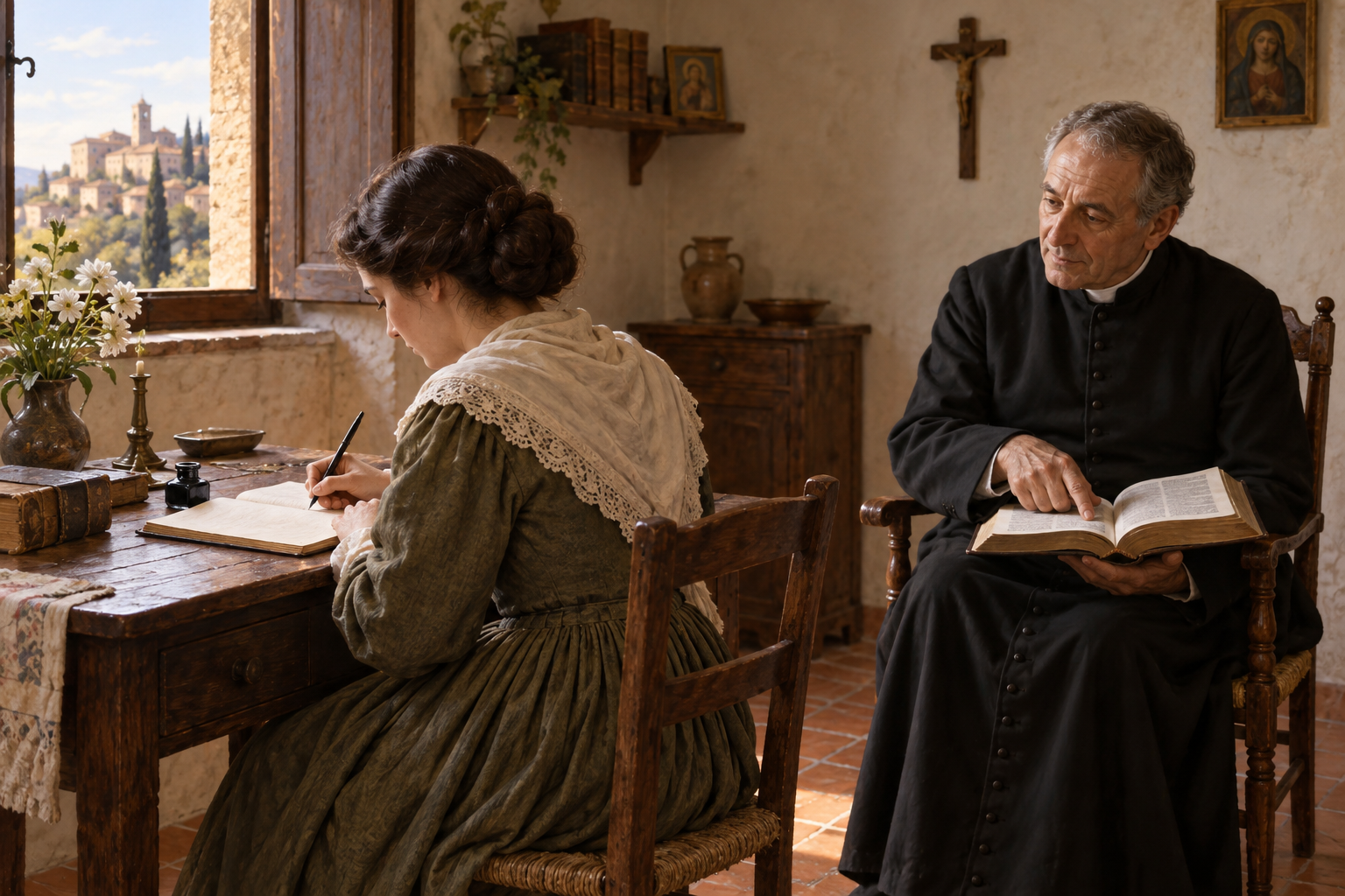 A woman writes in a nineteenth-century room while a priest studies an open Bible nearby