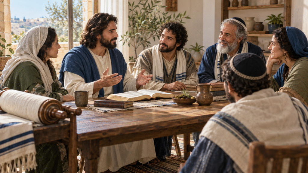 Jewish believers in Jesus gather around an open Bible and a Torah scroll in warm daylight