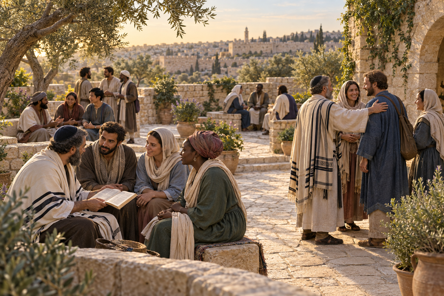 Jewish and non-Jewish believers in Jesus read Scripture and welcome one another in a stone courtyard
