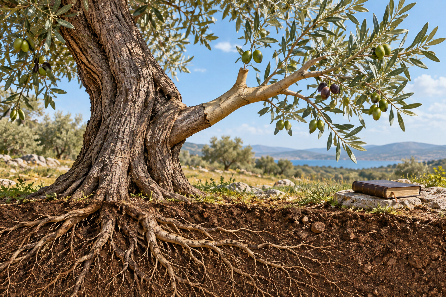 A grafted olive branch joins a mature olive tree above visible roots and soil