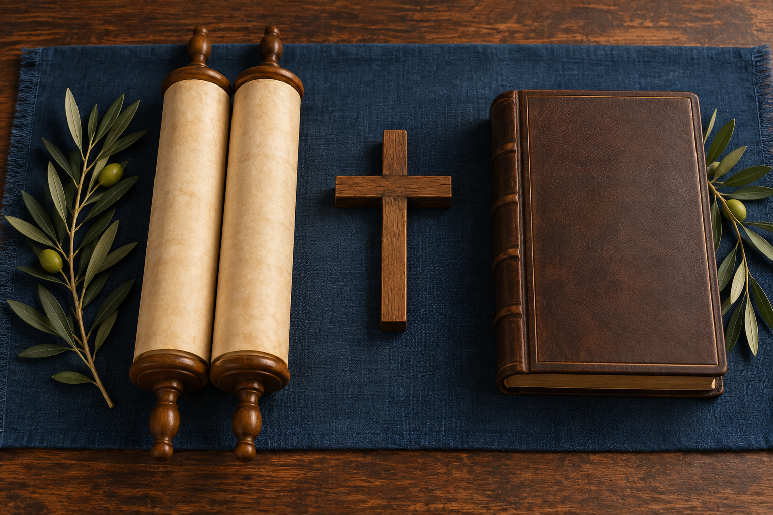 Two closed parchment scrolls and a leather Gospel book rest beside a wooden cross