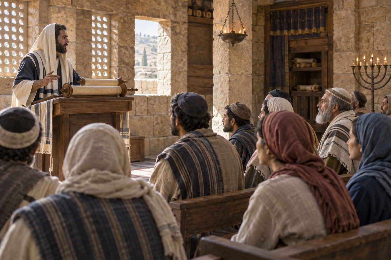 A teacher explains a scroll to listeners in a first-century synagogue