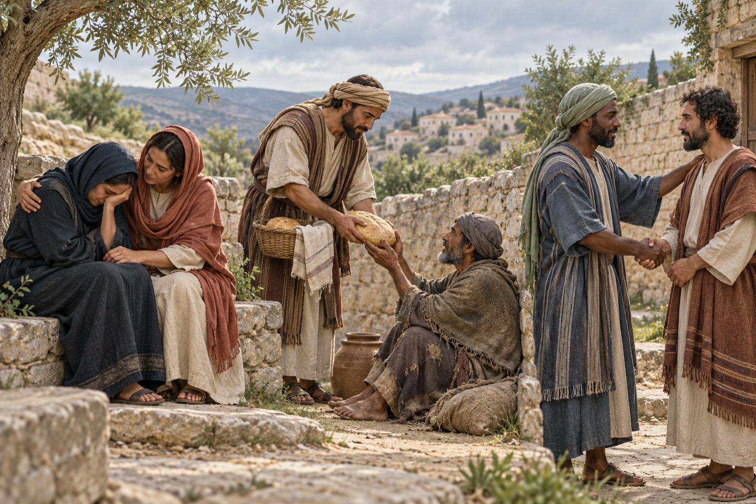 Three scenes show comfort for a mourner, mercy toward the needy, and two neighbours making peace