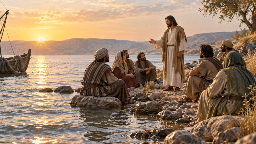 Jesus teaches a small group of listeners beside the Sea of Galilee at sunrise