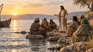 Jesus teaches a small group of listeners beside the Sea of Galilee at sunrise