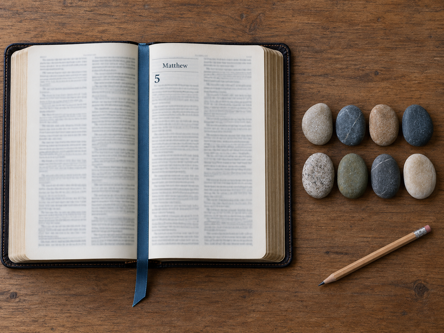 Open Bible marked at Matthew 5 beside eight smooth stones on a wooden table
