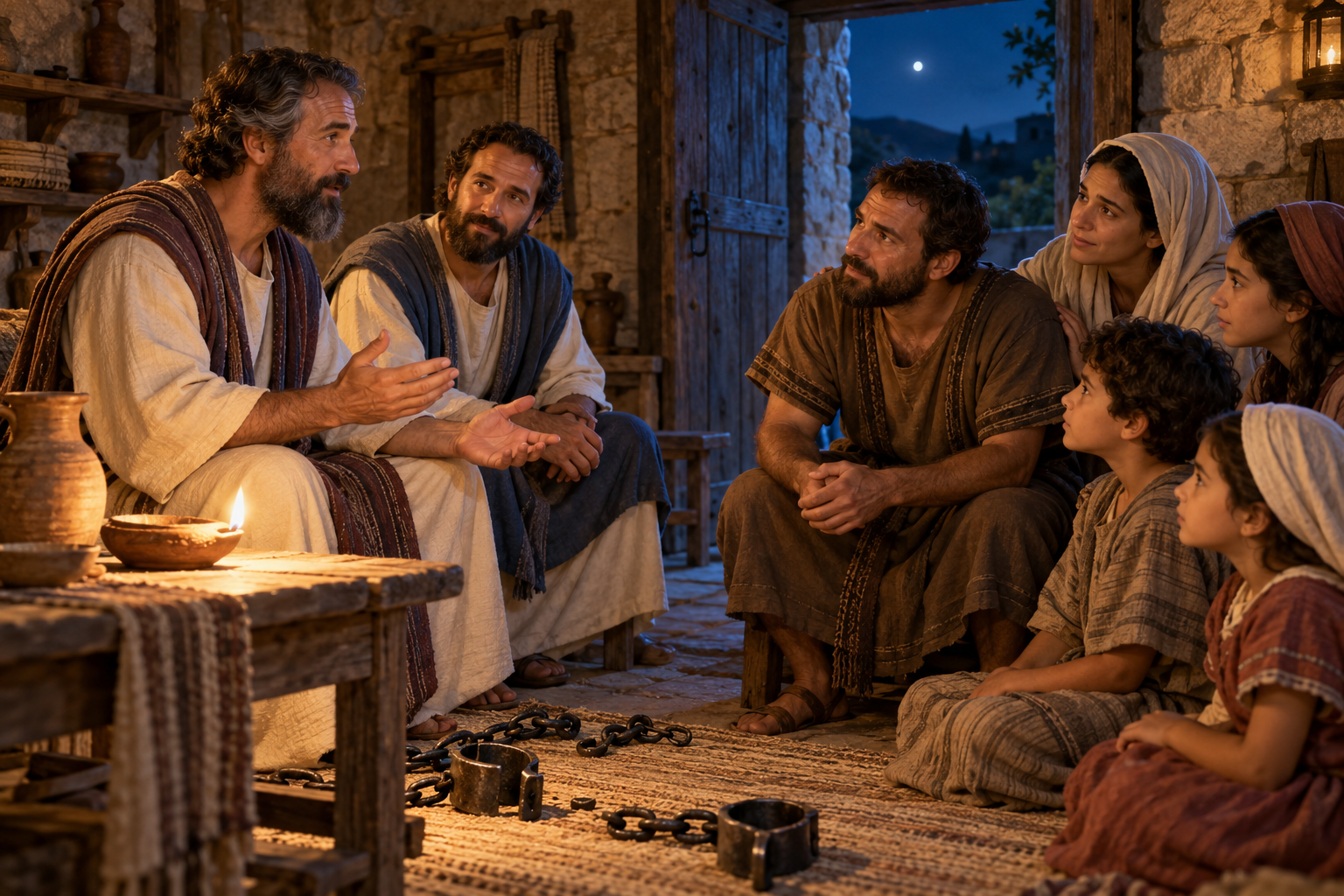 Paul and Silas explain the good news of Jesus to a jailer and his family in a lamplit home