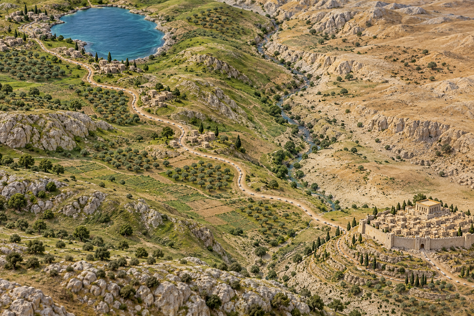 A relief map shows a winding route through hills from a blue lake toward a walled city
