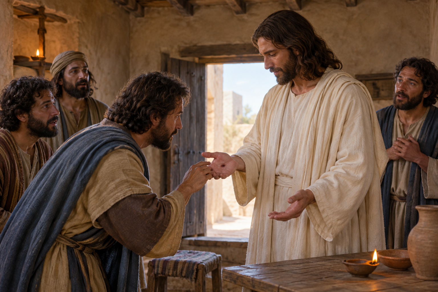 The risen Jesus shows His wounded hand to Thomas in a simple Jerusalem upper room