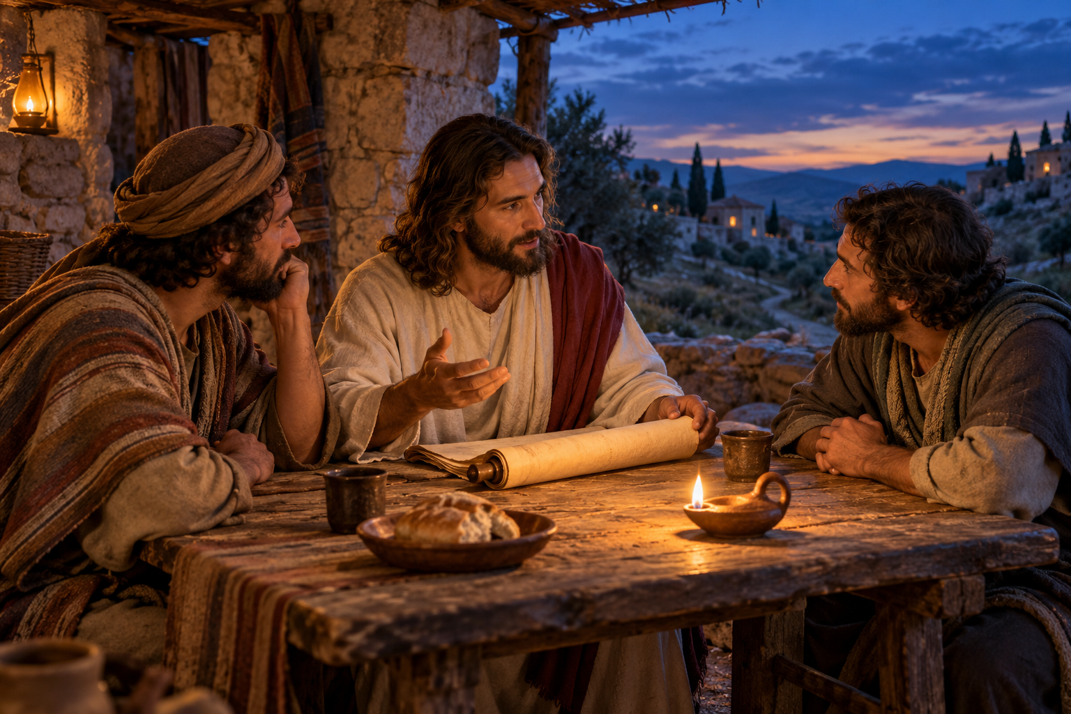 The risen Jesus opens an unmarked Scripture scroll while two disciples listen at a stone table