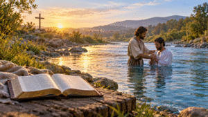 A pastor baptizes a believer in a river at dawn while an open Bible rests on the bank