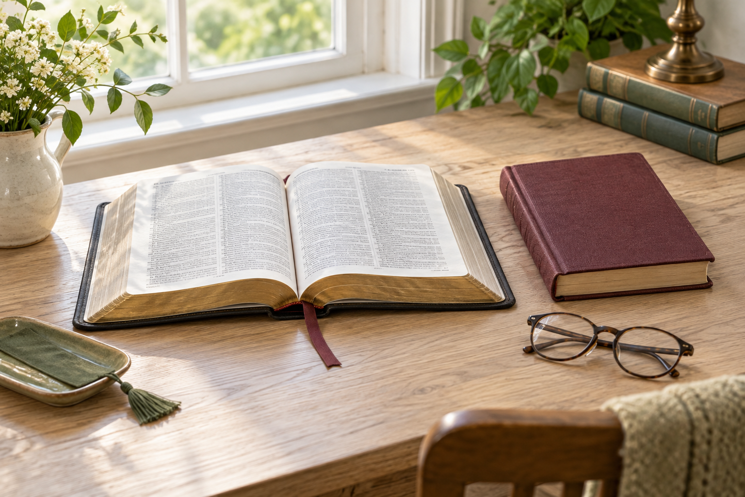 An open Bible stands at the centre of a study table beside a closed devotional journal