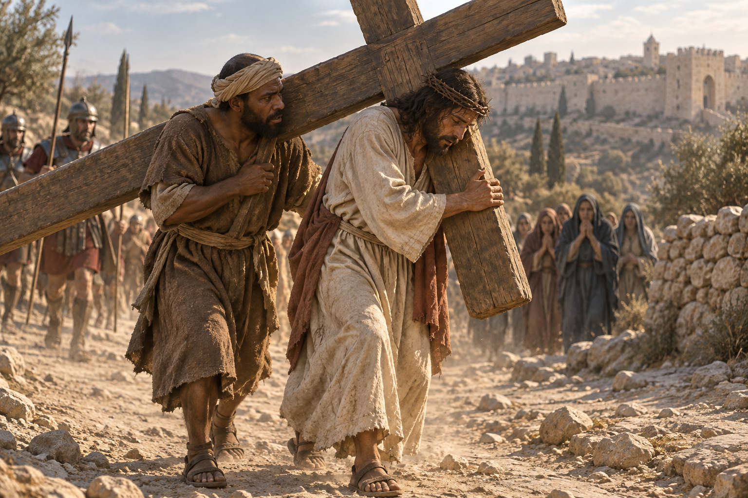 Simon of Cyrene helps Jesus carry a wooden cross along a dusty road outside Jerusalem