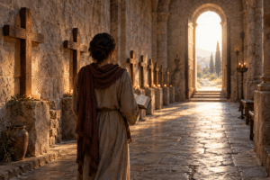A person holding an open Bible walks through a stone church lined with wooden crosses toward morning light