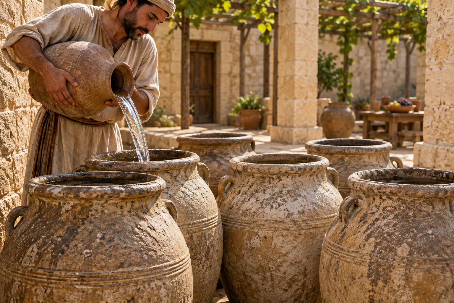 A servant pours water into large stone jars in a Cana courtyard