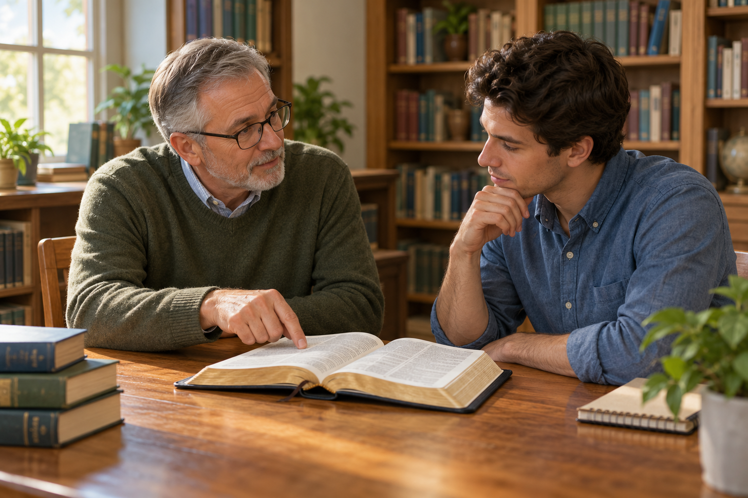Two people discuss an open Bible together in a quiet church library