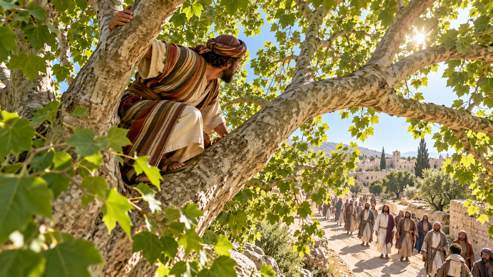 A small man sits among the branches of a sycamore tree while a crowd follows Jesus below