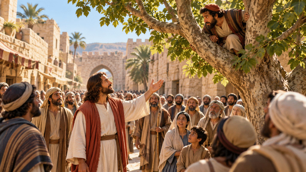 Zacchaeus looks down from a sycamore tree as Jesus approaches on an ancient Jericho street