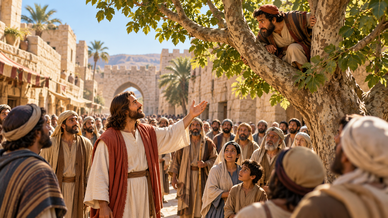 Zacchaeus looks down from a sycamore tree as Jesus approaches on an ancient Jericho street