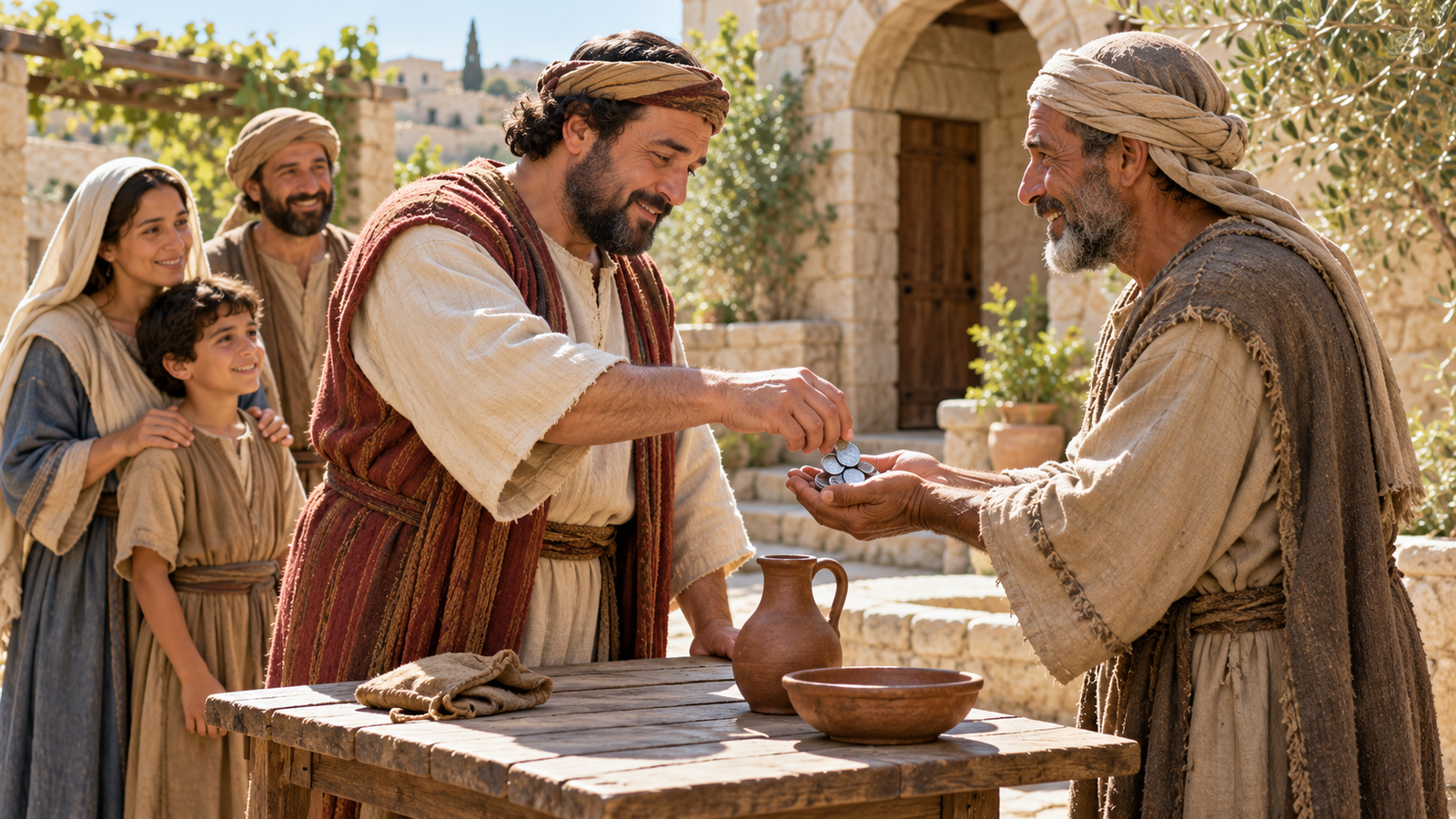 Hands exchange coins in an open courtyard as a wealthy man begins to return money to neighbours
